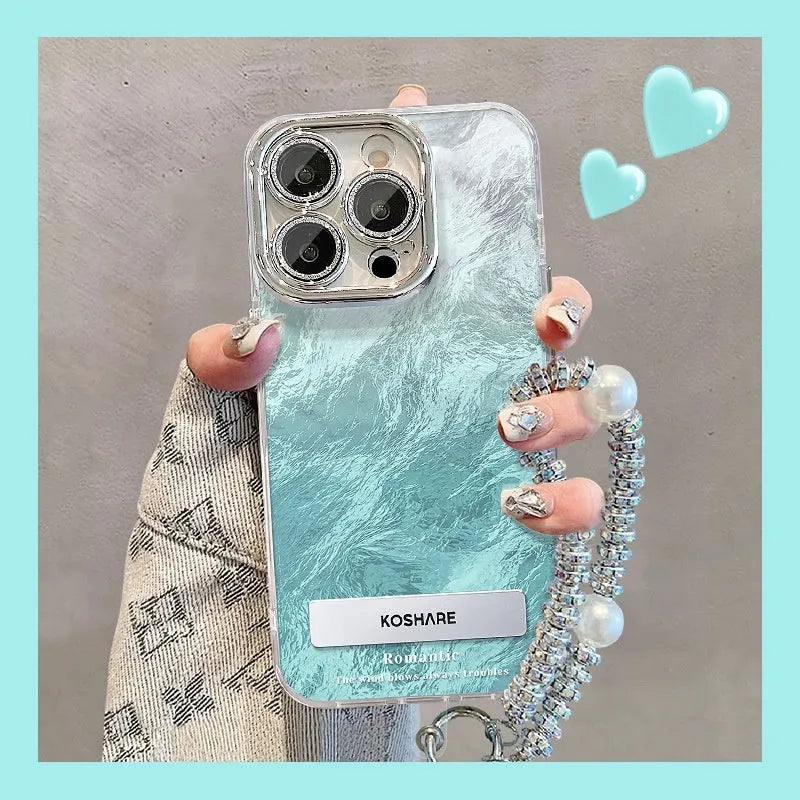 Ice blue and silver gradient hard PC iPhone case with chain and invisible bracket options