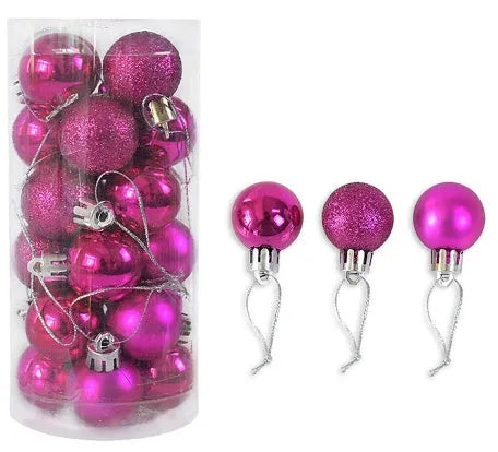 Assortment of 3cm diameter shiny and matte Christmas decoration balls in red, gold, blue, and silver colours.