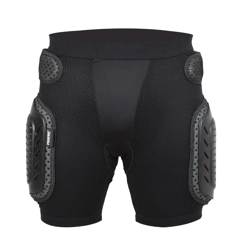 Black cycling protective hip pad pants on a mannequin, showing integrated padding at the hip area.