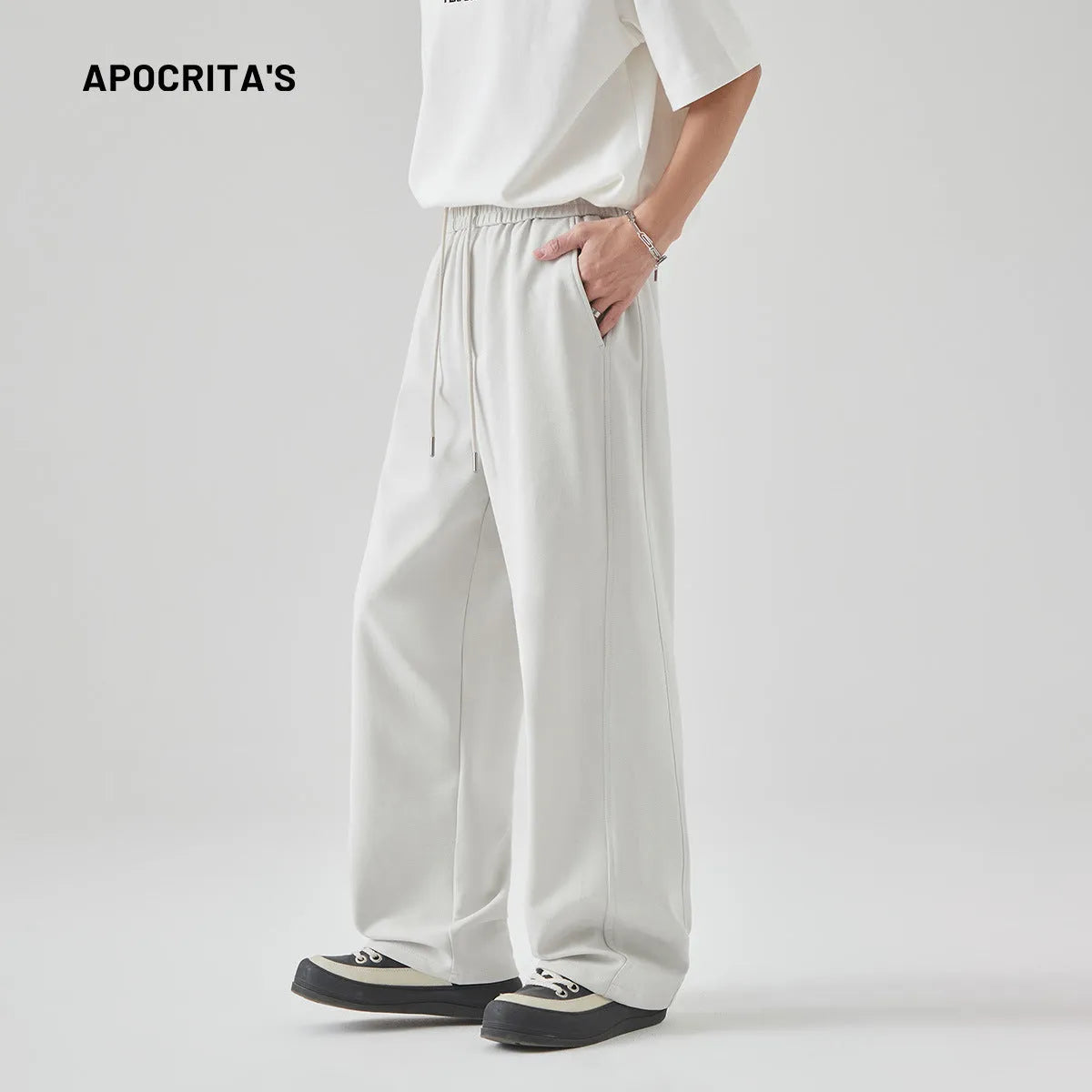 Men's loose straight-leg trousers with lace-up front detail in cotton blend fabric