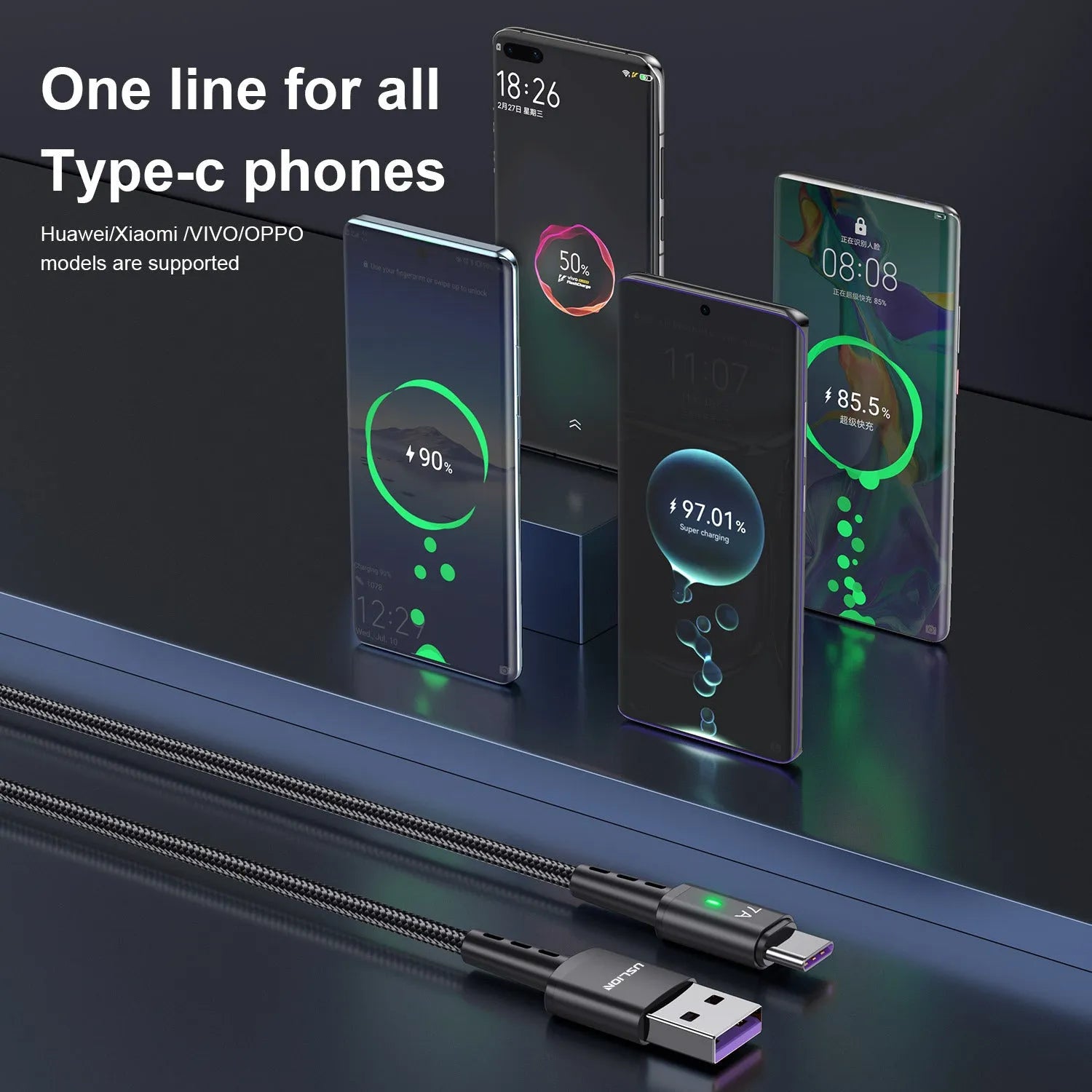 7A braided USB-C charging cable in 2 metre length with aluminium alloy connector, black colour