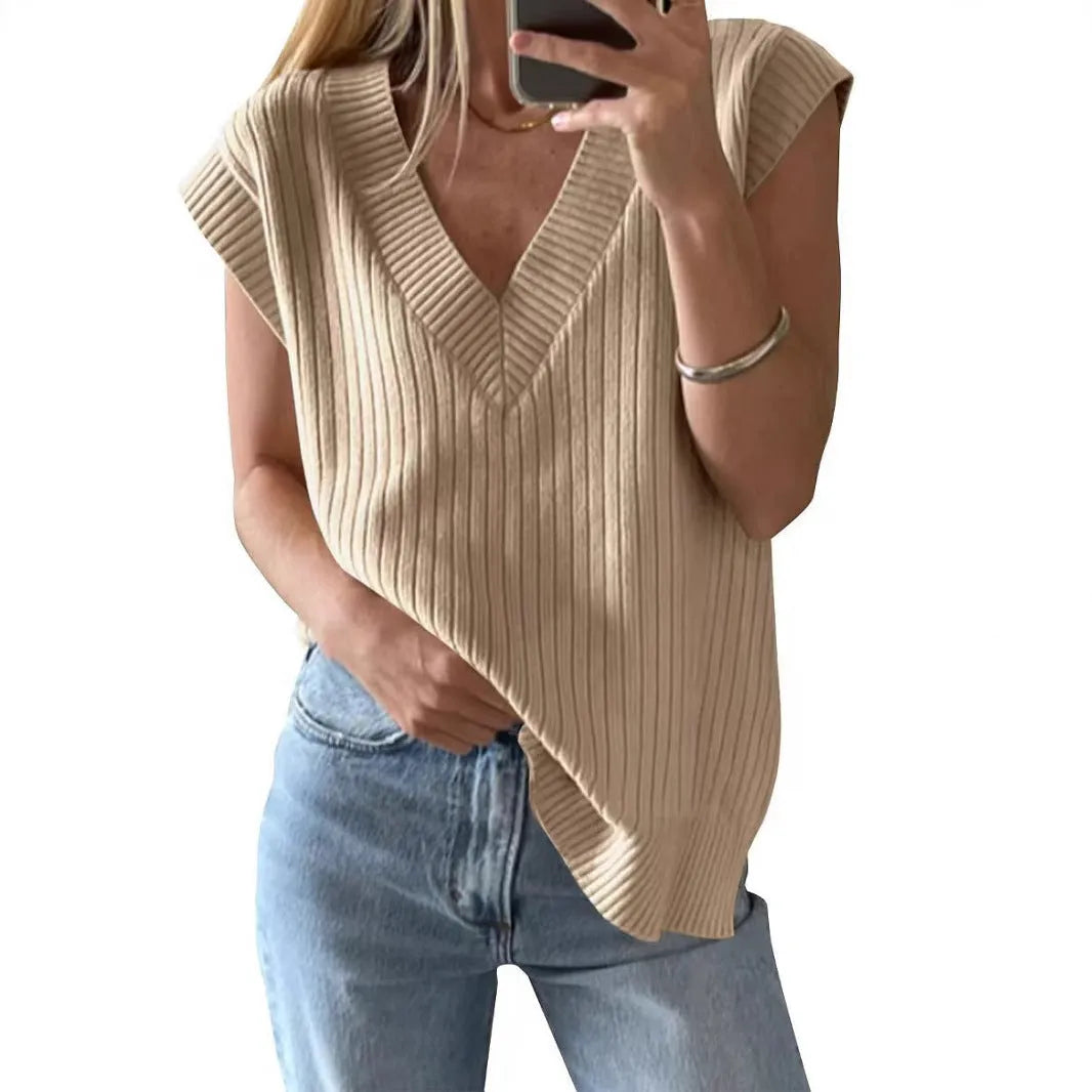Women's V-neck sleeveless pullover vest in camel colour viscose fibre fabric