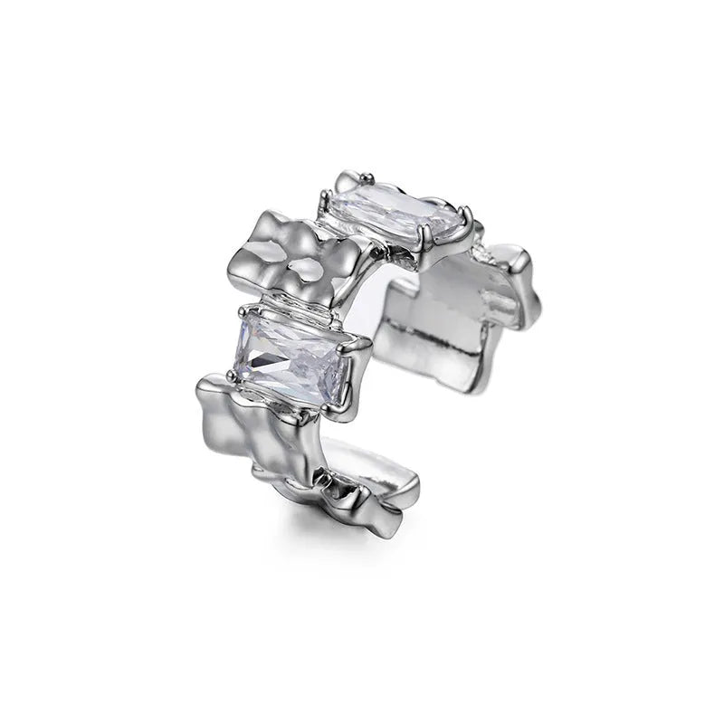 Geometric open ring with zircon stones and silver-plated finish