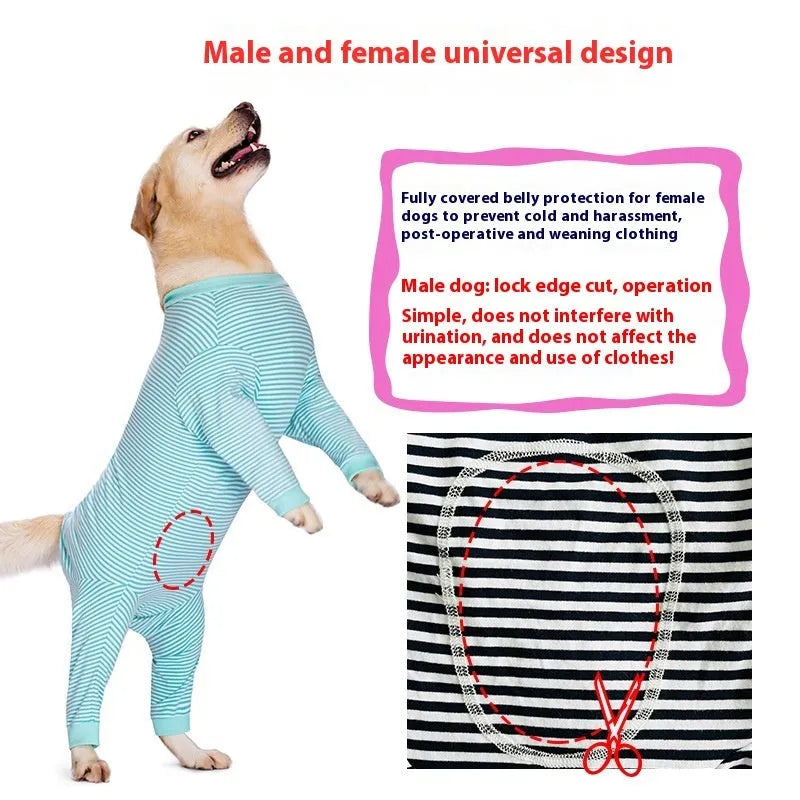 Striped polyester dog shirt for golden retrievers and labradors in sky blue, brown, or black dark blue stripe colours