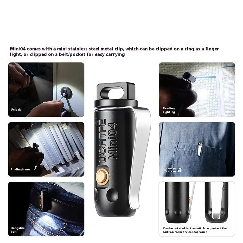 Black LED key ring flashlight with stainless steel housing on keychain