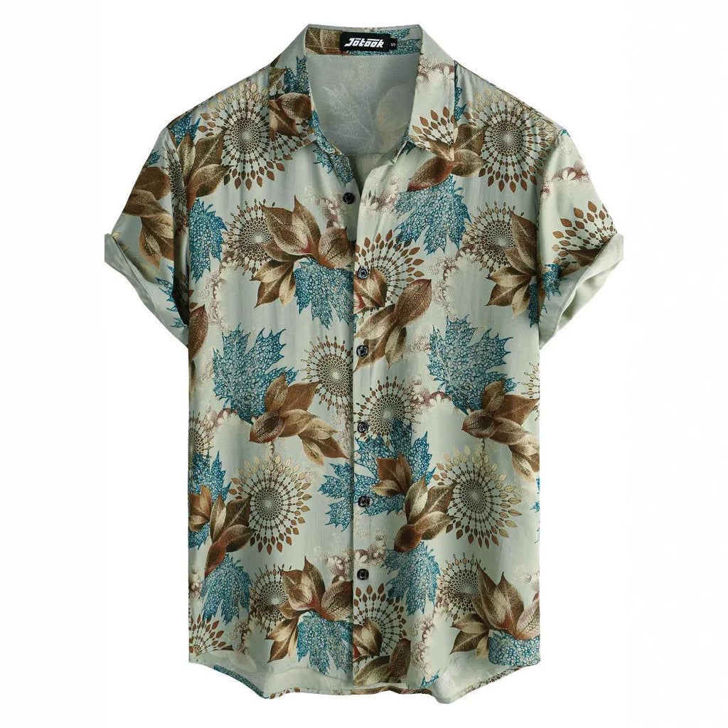 Hawaiian floral print lapel short sleeve shirt in elastic polyester fabric on a hanger