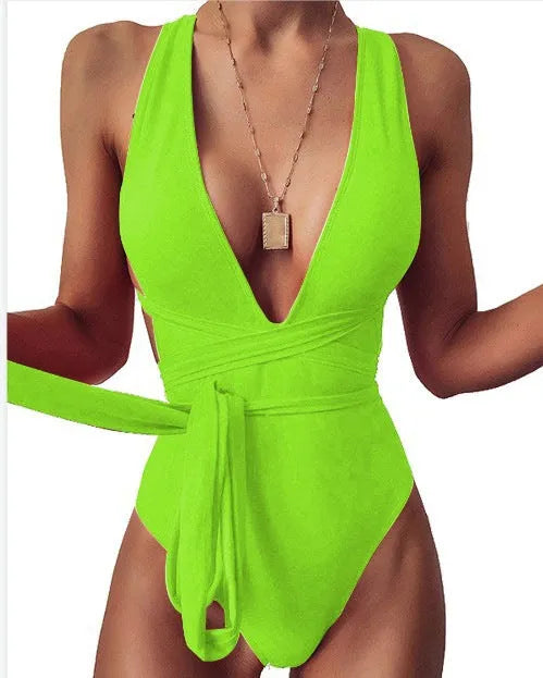 Women's lace-up deep V backless one-piece swimsuit in solid colour, quick-dry nylon, high waist cut