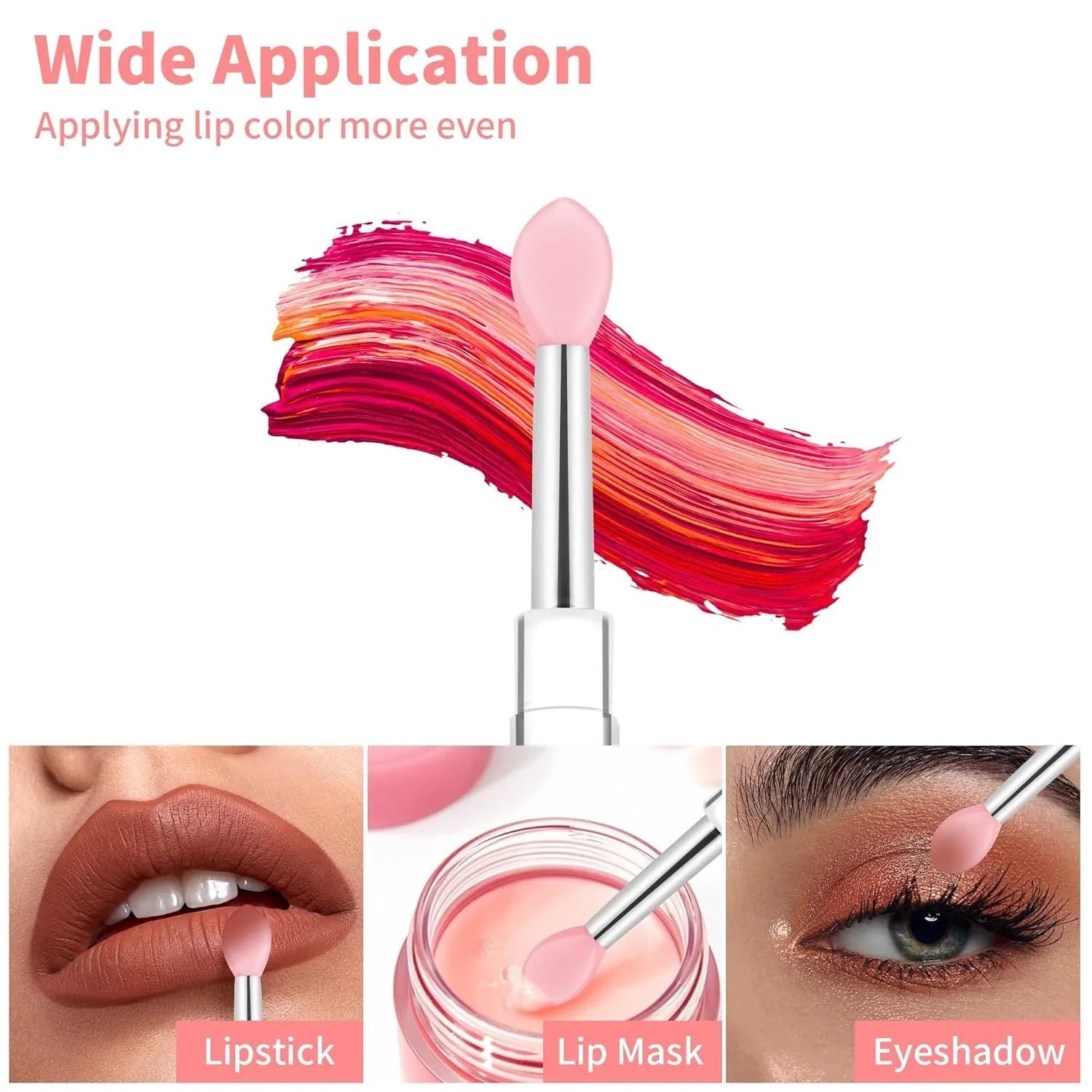 Set of reusable silicone lip brushes with protective caps in various colours on a white background.