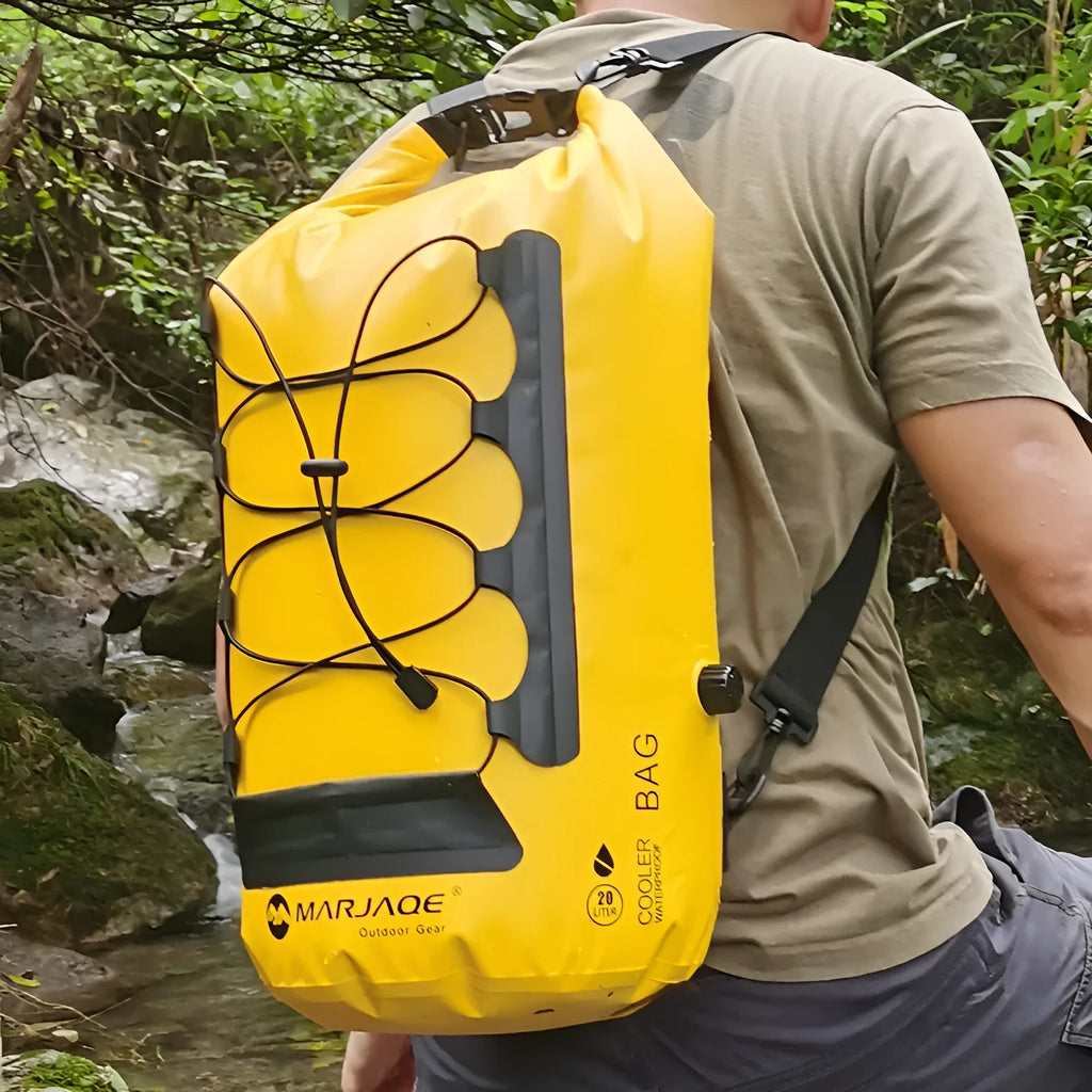 Yellow and black 20-litre waterproof PVC backpack for camping with dry-wet separation compartment.