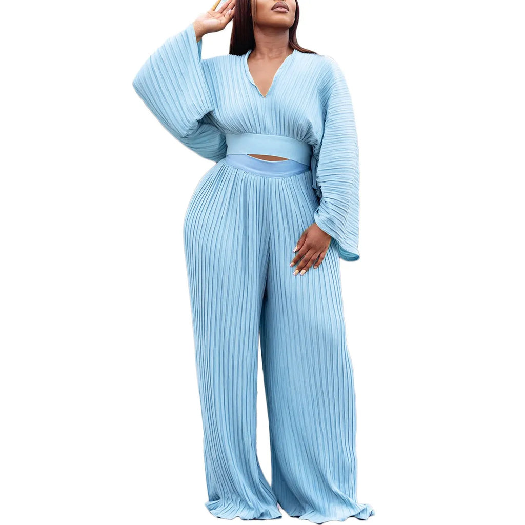 Women's sapphire blue African suit two-piece set with batwing sleeves and wide-leg trousers