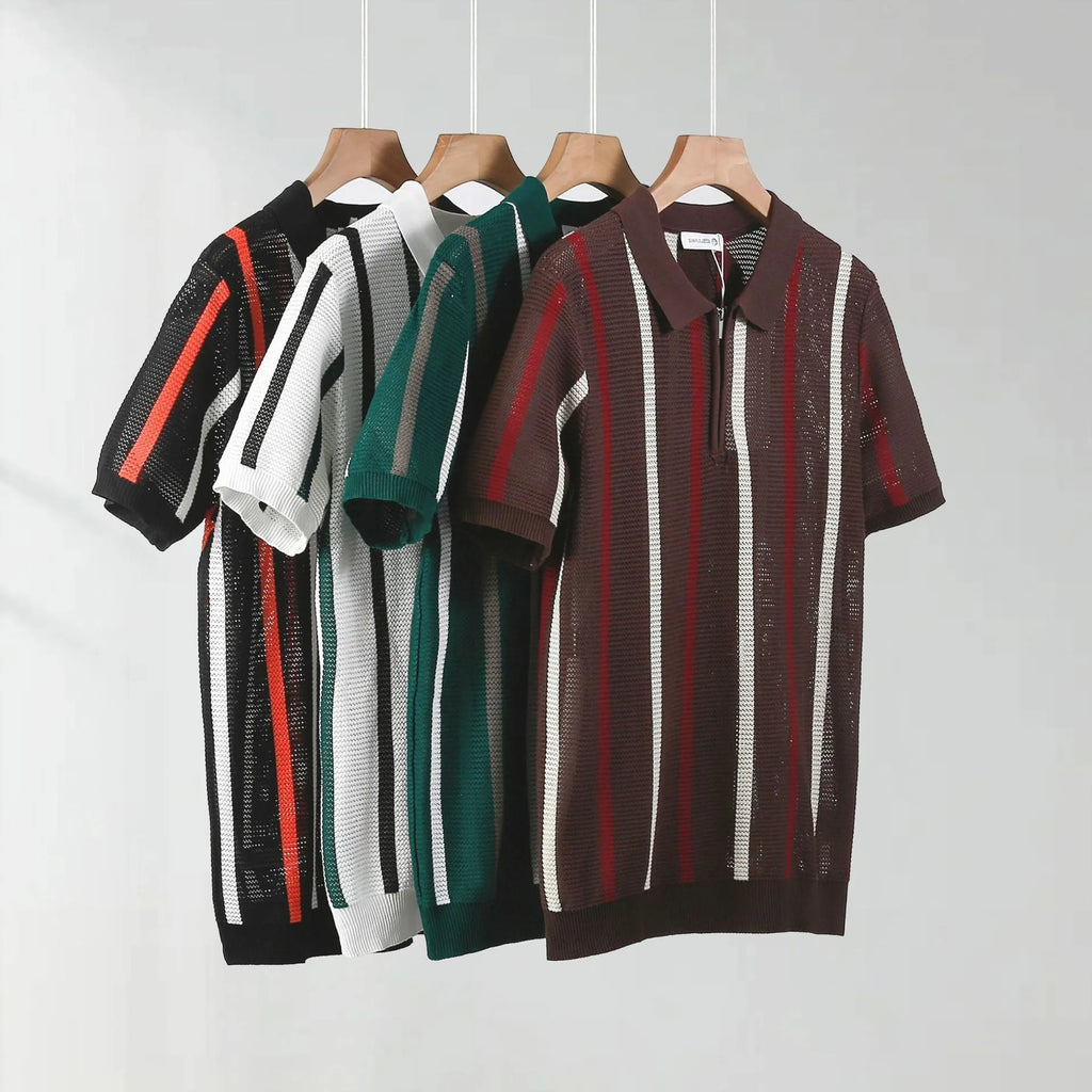 Hollow mesh short-sleeved knitting polo shirt in Ice Silk fabric with zipper decorations, loose fit, black colour