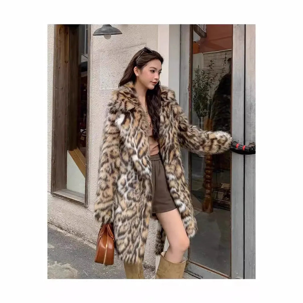 Women's faux fur coat with fur collar in street fashion style showing long and mid-length options