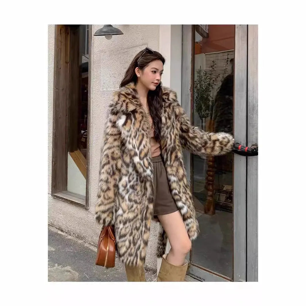 Women's faux fur coat with fur collar in street fashion style showing long and mid-length options