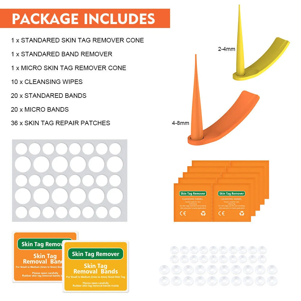 Orange yellow wart removal tool kit with rubber rings, removal devices and medical accessories