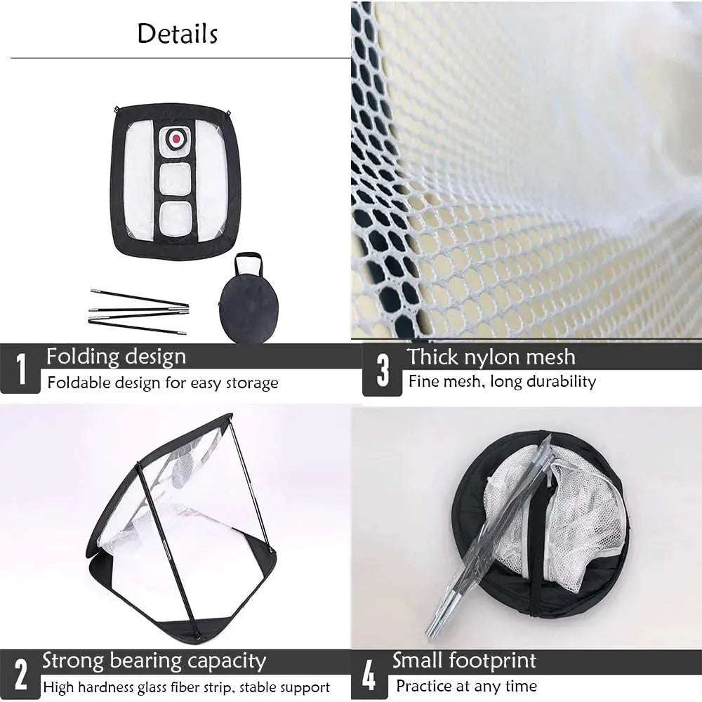 Foldable golf practice net in black on grass with square target for chipping drills