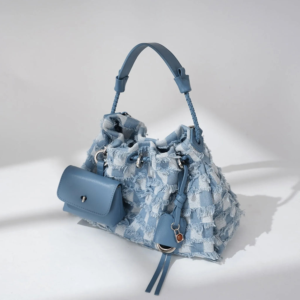 First layer cowhide one-shoulder underarm bag with denim contrast panels, horizontal square shape