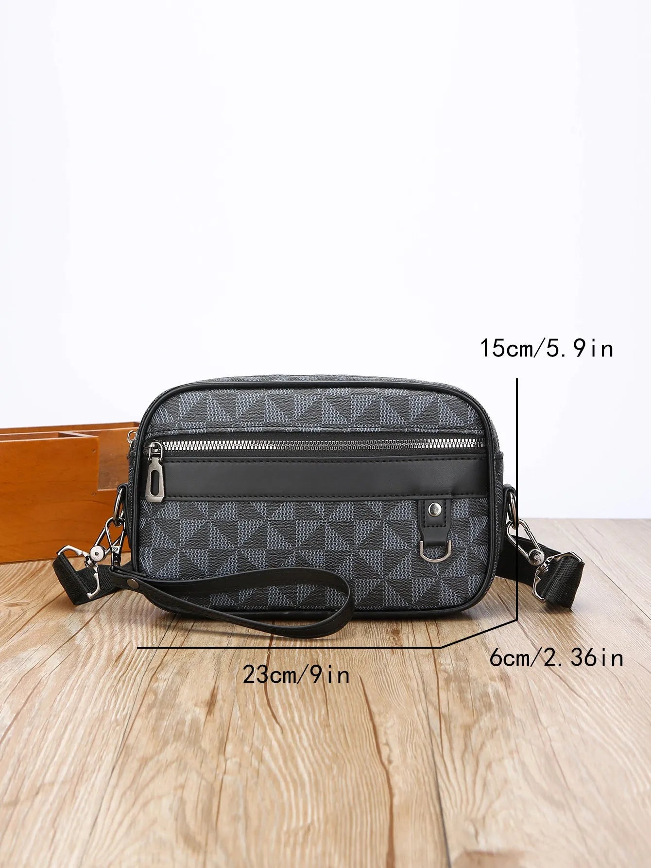 Men casual shoulder messenger bag horizontal large capacity PU geometric pattern in black colourway