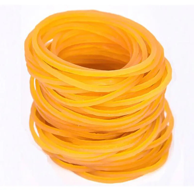 500g pack of yellow rubber bands in seven diameters from 16mm to 70mm