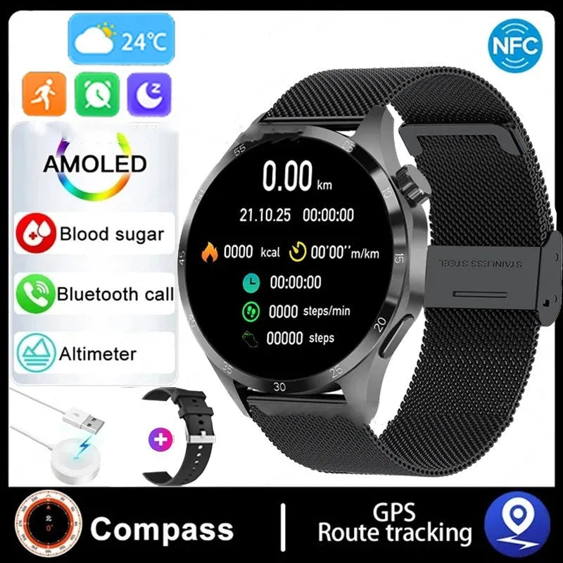 Black Bluetooth smartwatch with TFT touch screen shown with both silicone and Milan net strap options.