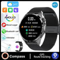 Black Bluetooth smartwatch with TFT touch screen shown with both silicone and Milan net strap options.
