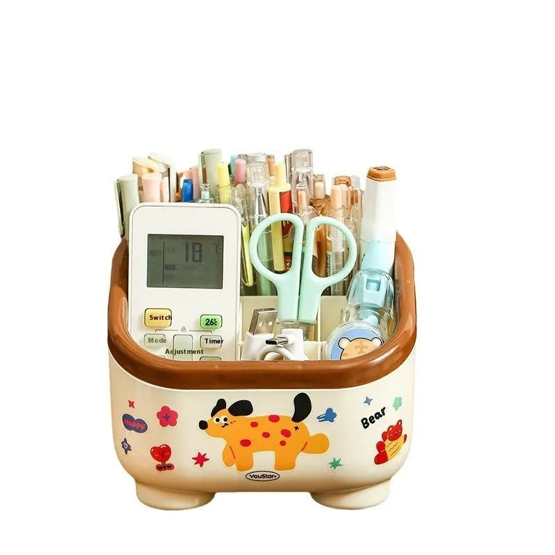 Dopamine cartoon style plastic desktop organiser with multiple storage boxes in red and brown colours