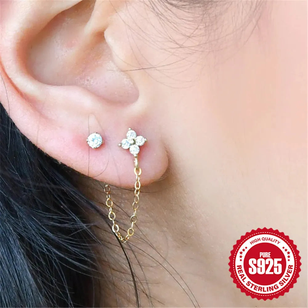 S925 sterling silver geometric earrings with flower tassel chain design in golden electroplated finish