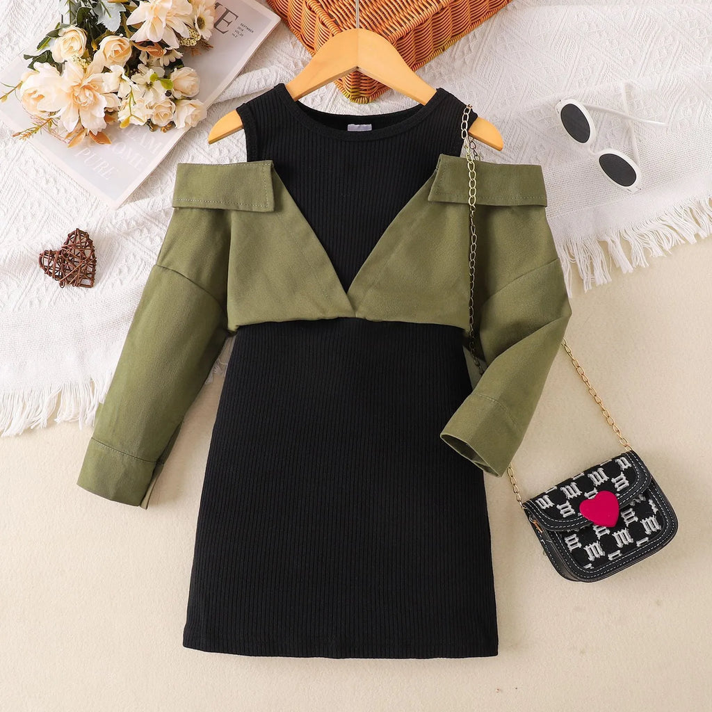 Children's off-shoulder long sleeve dress in military green cotton fabric, pullover style, suitable for ages 4 to 7 years