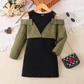 Children's off-shoulder long sleeve dress in military green cotton fabric, pullover style, suitable for ages 4 to 7 years