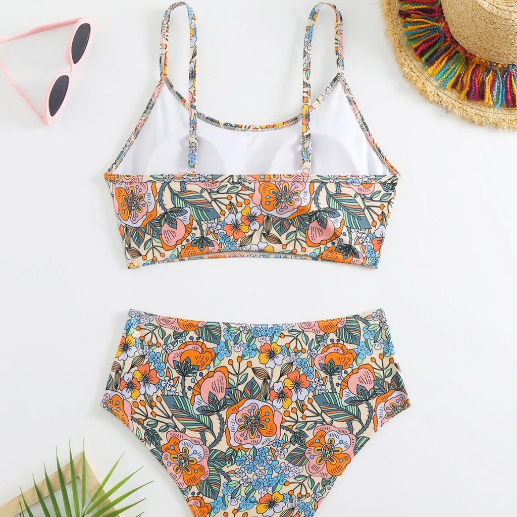 Printed high-waist bikini set for women in polyester with floral pattern, bra top and briefs