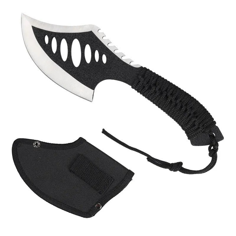 Multi purpose tactical axe with black high carbon steel blade and handle, 270mm total length, and woven umbrella rope handle guard