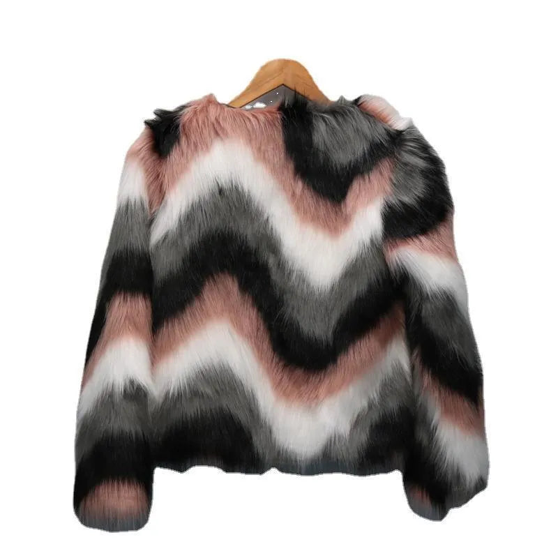 Korean style women's faux fur leather short coat with O-neck and long sleeves