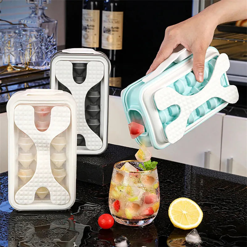 Portable silicone ice ball mould and water bottle in light grey, sky blue, or white, showing 2-in-1 design.