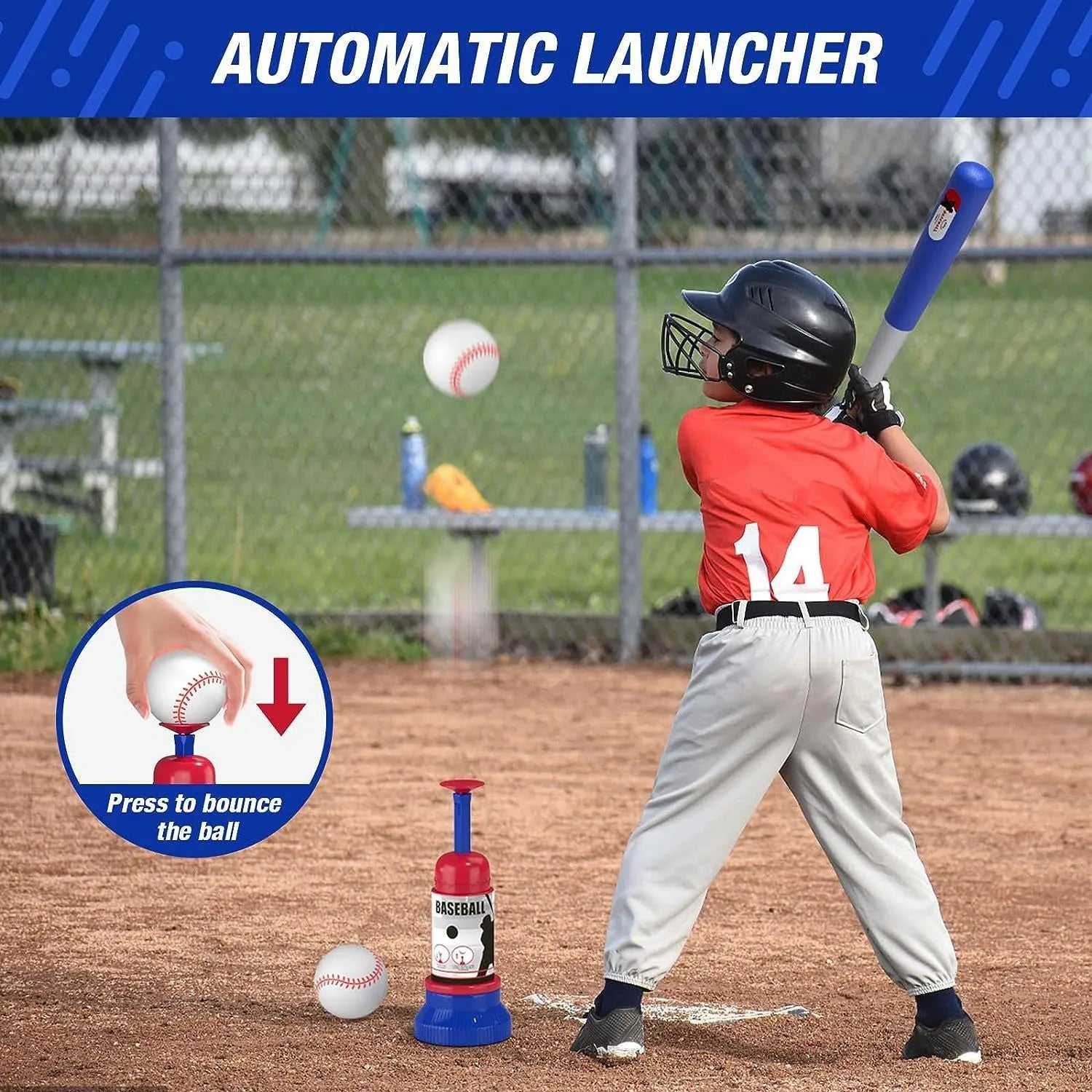 Hanging standing automatic serve adjustable children's baseball toy for teenagers blue red PP material