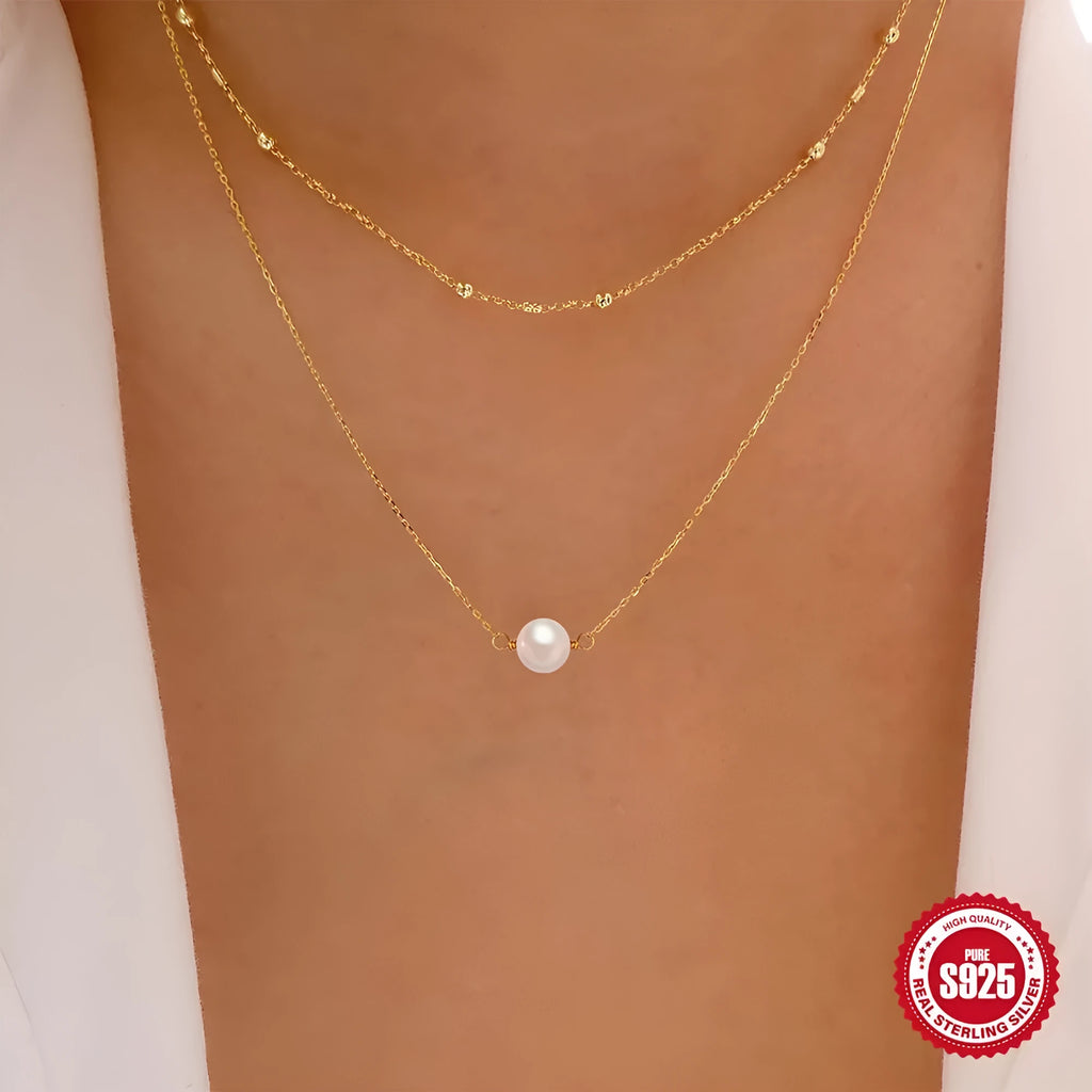 S925 sterling silver double layer necklace with twin pearl geometric pendant on a ball bead chain.