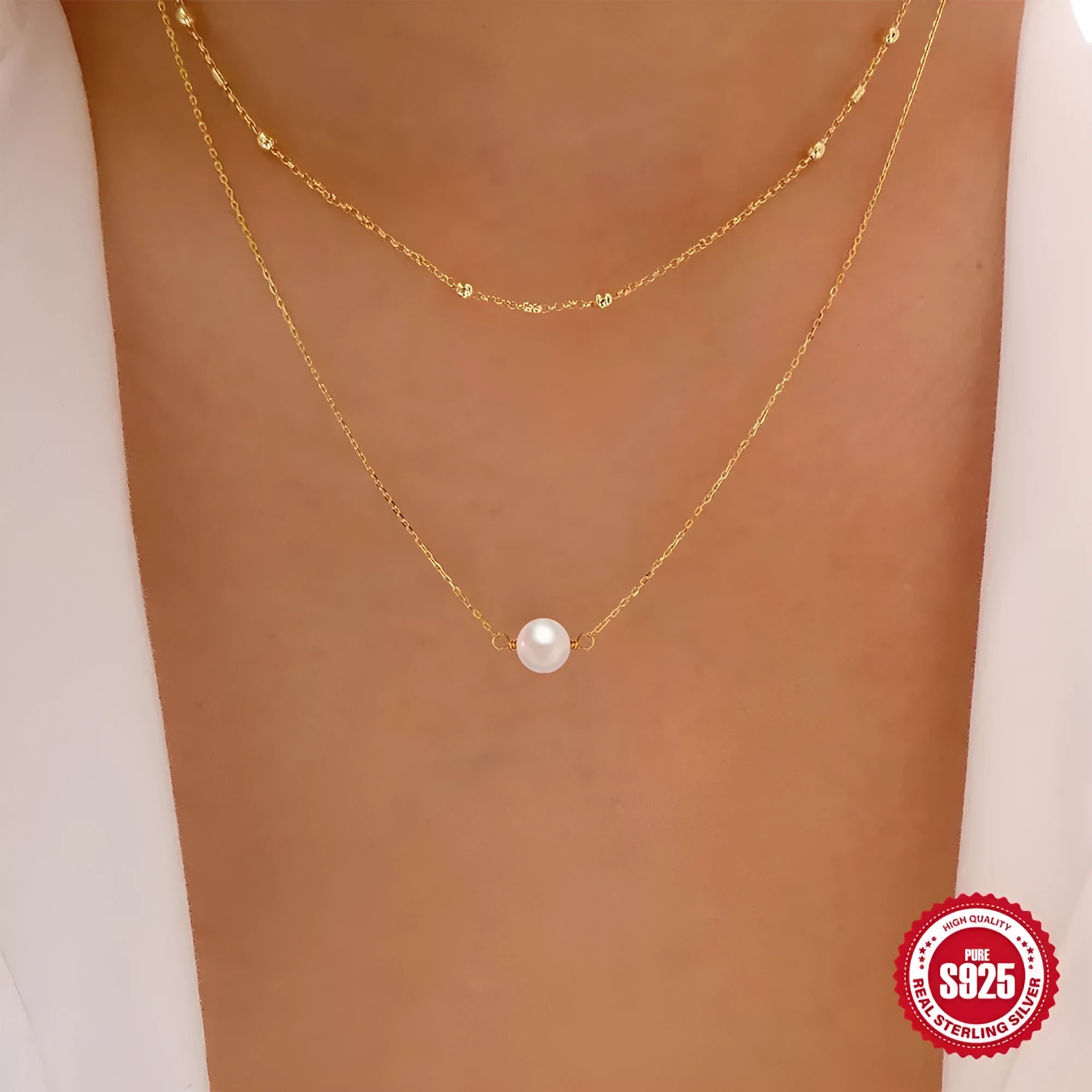 S925 sterling silver double layer necklace with twin pearl geometric pendant on a ball bead chain.