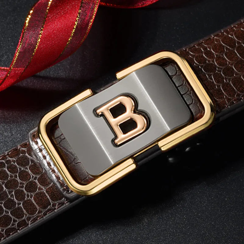 Automatic buckle genuine leather belt 3.3cm width in black with zinc alloy buckle head