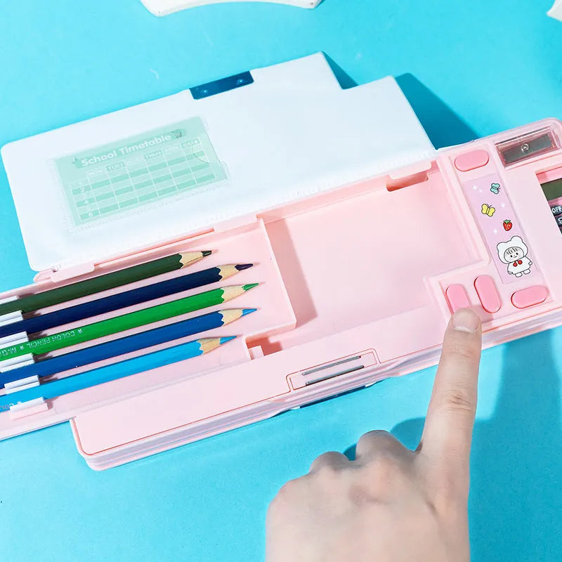 Multifunctional plastic pencil box with double-sided opening and calculator in colour options