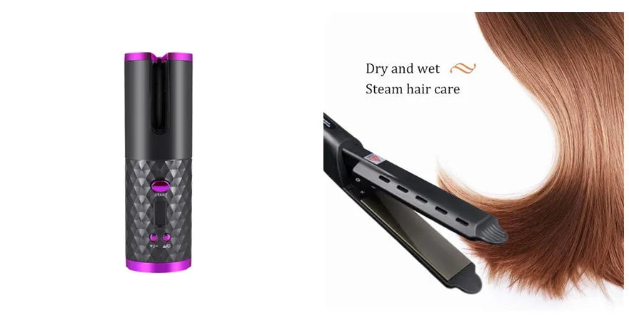 White portable automatic curling iron with USB cable and gold ceramic barrel on a pink background