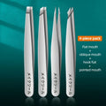 Stainless steel eye tweezer 4-piece set in silver finish, each 9.5 cm long, laid flat on a white surface