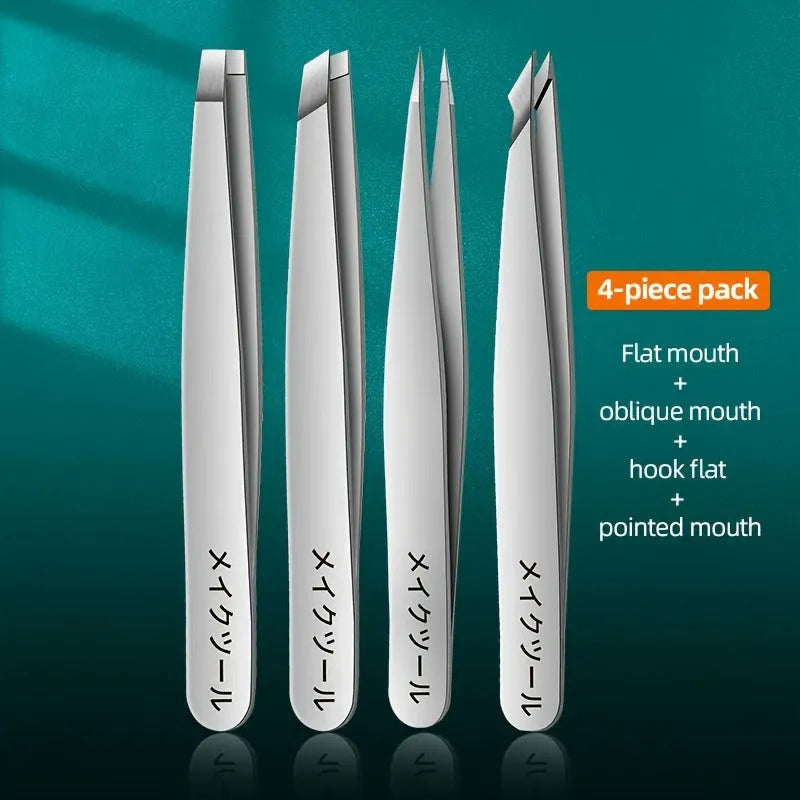Stainless steel eye tweezer 4-piece set in silver finish, each 9.5 cm long, laid flat on a white surface