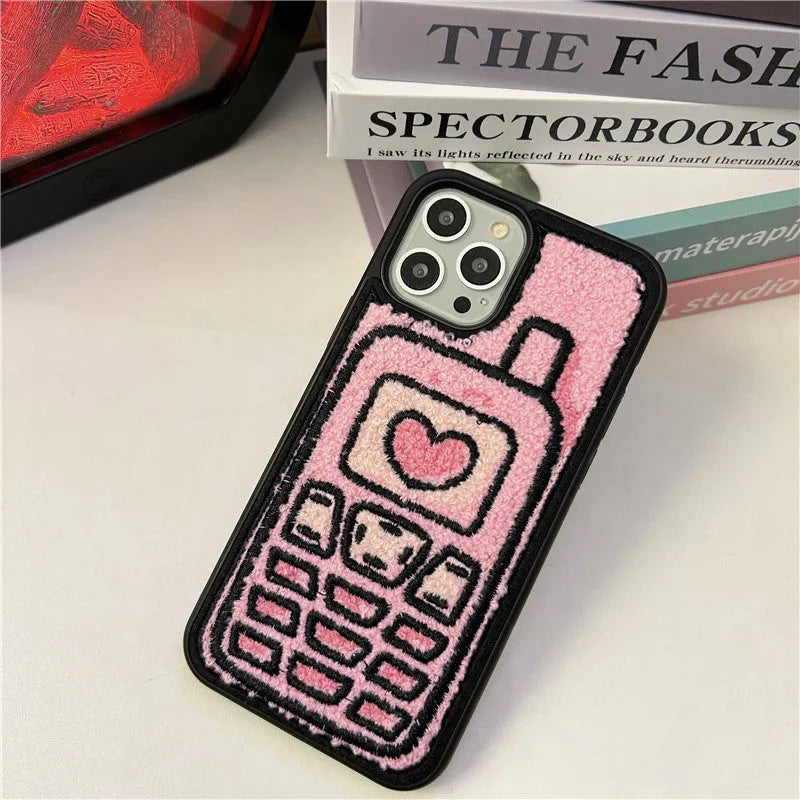 Pink towel-textured embroidered TPU back cover case for iPhone.