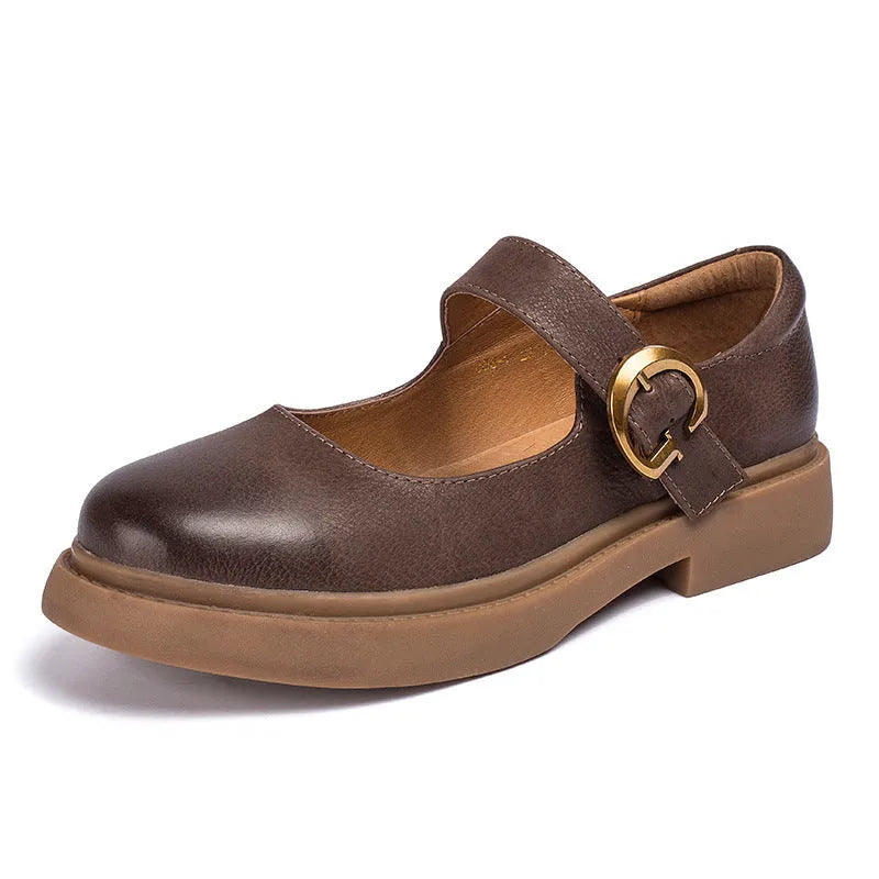 Vintage Mary Jane women's leather shoes with buckle closure in black, round toe, low heel