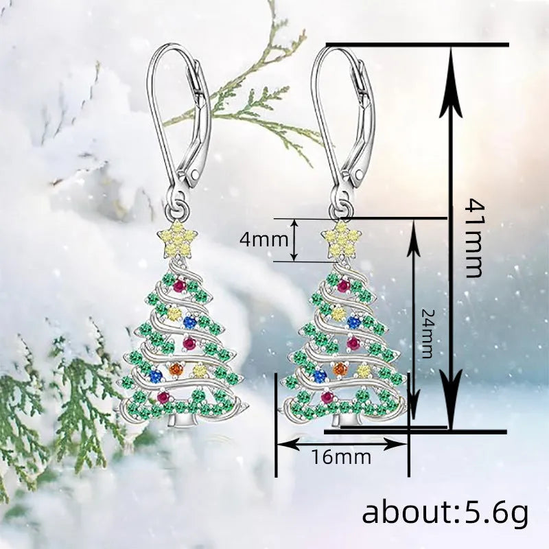 White gold colour Christmas tree earrings with star-shaped copper design for women