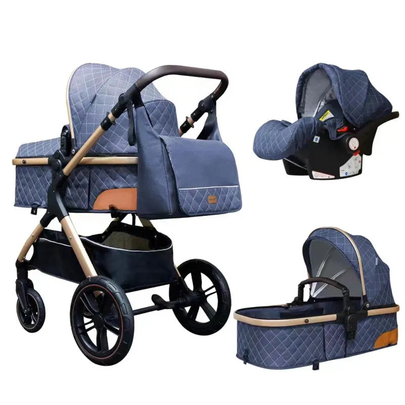 Lightweight folding baby cart with iron pipe frame, sit and lie positions, 15kg capacity, in khaki colour