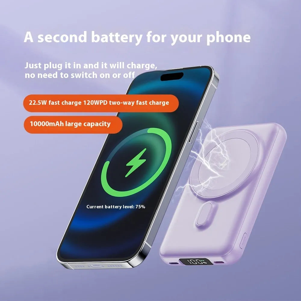 Magnetic wireless power bank with 10000mAh plastic shell in dark blue, purple, and white colours showing compact size