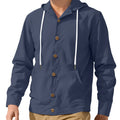 Men's button-down loose hooded polyester jacket in solid colour, front view