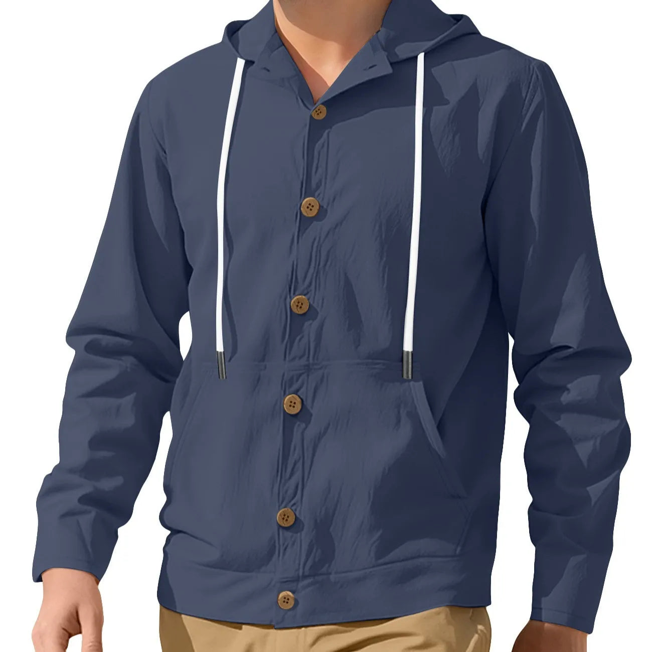 Men's button-down loose hooded polyester jacket in solid colour, front view