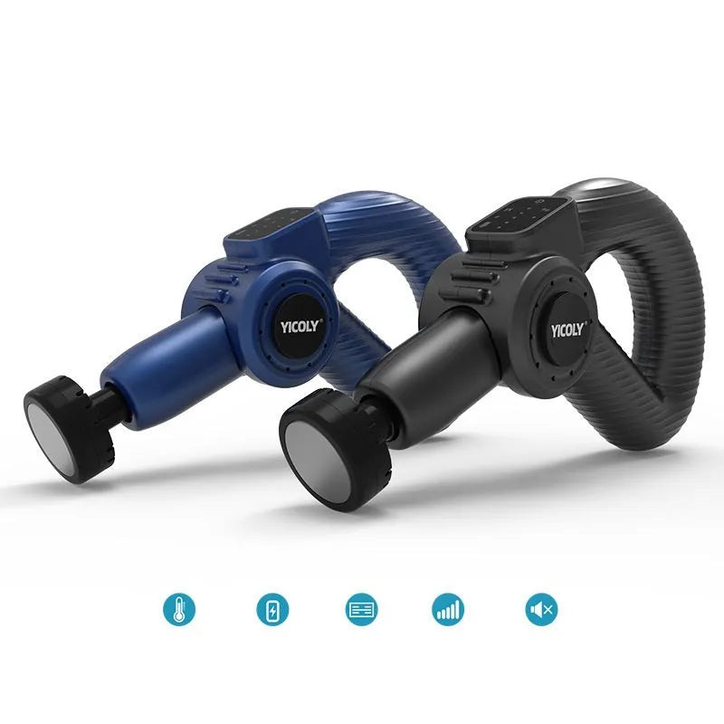 Black adjustable angle muscle massage gun with hot cold compress functions and five massage heads