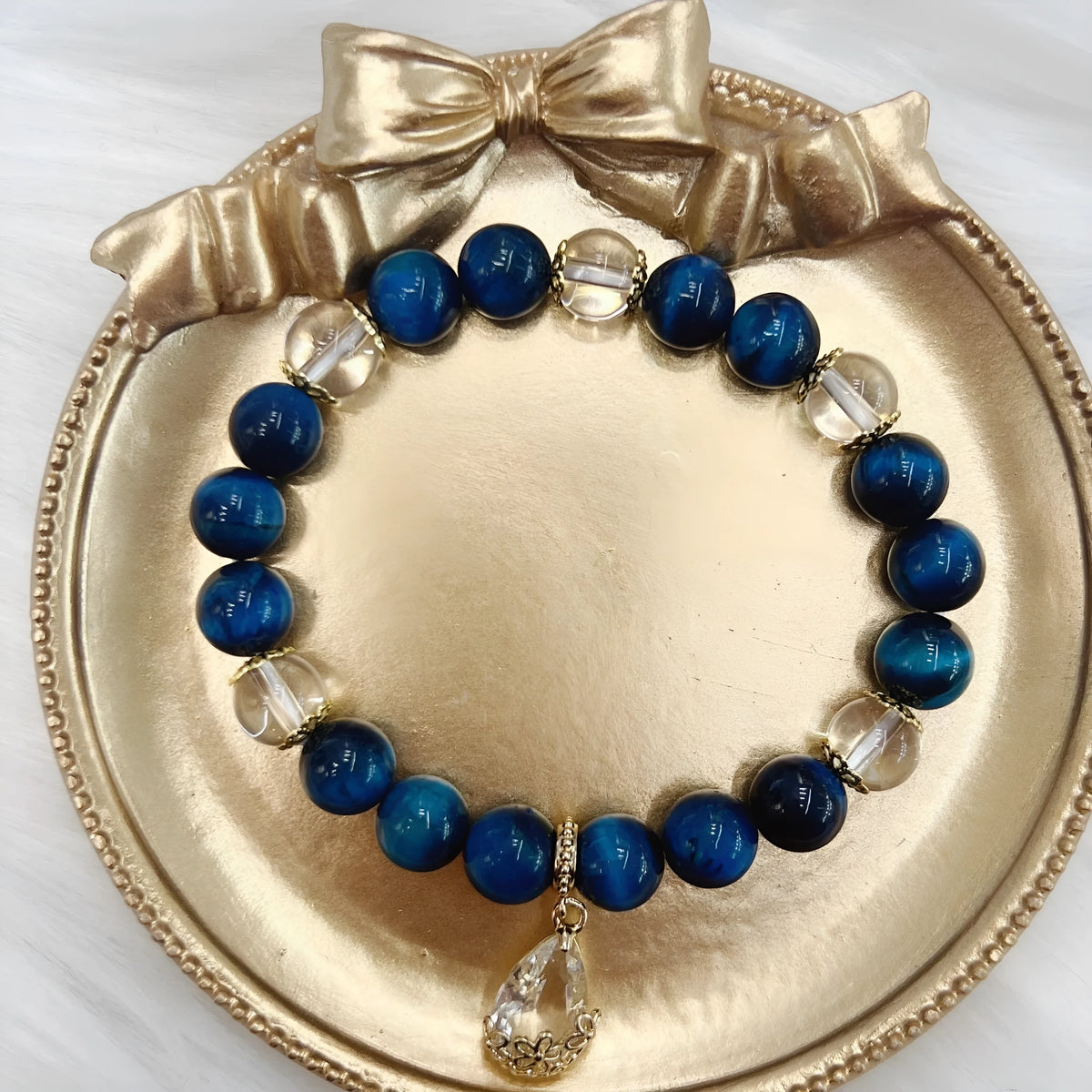 Blue tigereye drop-shaped bracelet for women with manual processing and colour-retaining finish