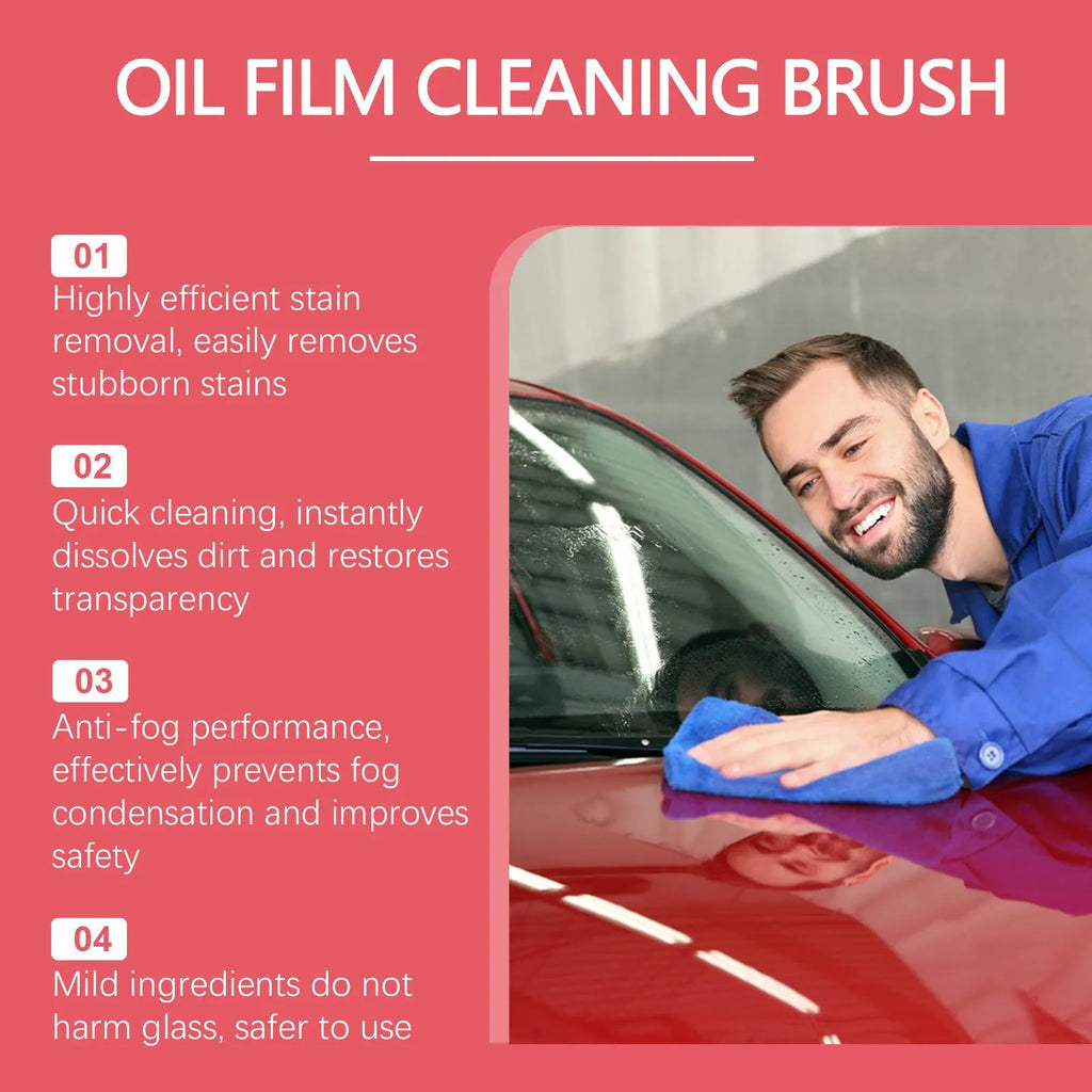 Car glass oil film cleaner with integrated liquid brush and reusable foam sprayer for windscreen cleaning